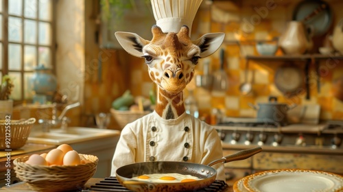 Giraffe cook, cute animal wearing a chef coat and hat in cooking in the kitchen photo