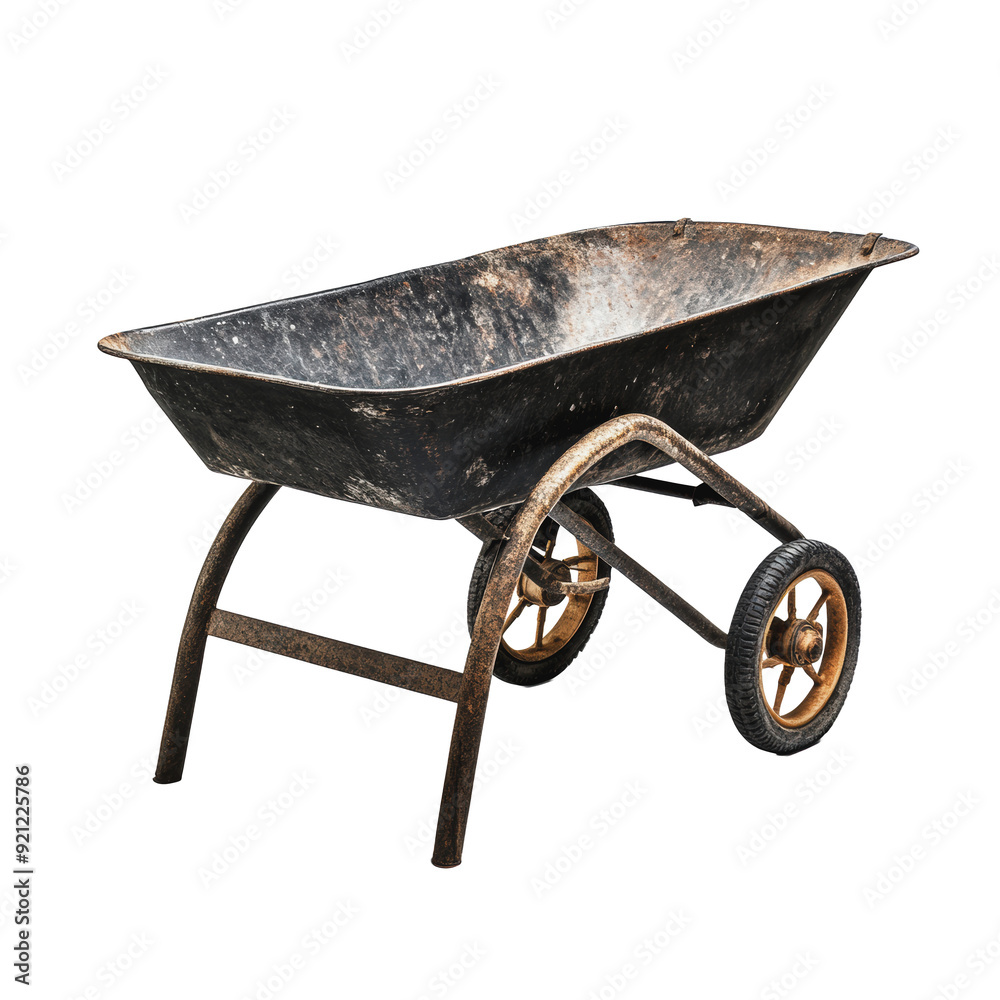 PNG Old metal wheelbarrow on a white background PNG Old metal wheelbarrow on a white background