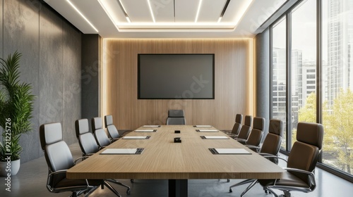 A large conference room with a long wooden table and chairs