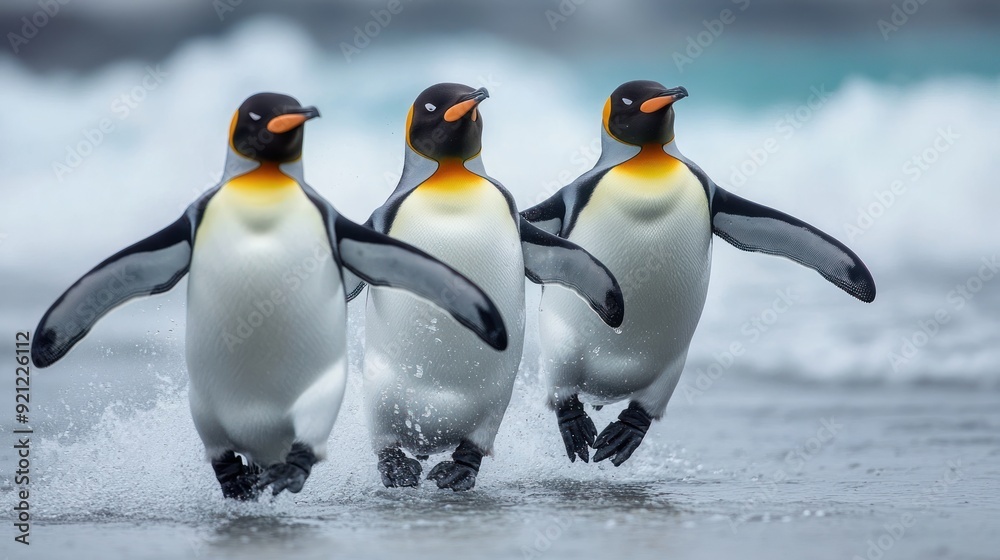 Fototapeta premium A group of penguins are running in the beach water