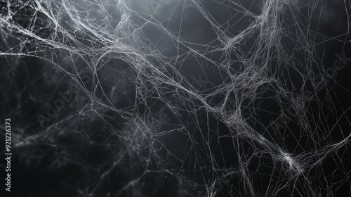 Close-up of delicate spider webs against a dark background, showcasing intricate patterns and fine details.