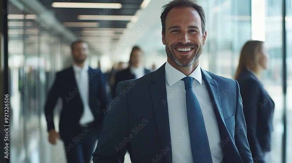 Fototapeta premium Confident Leader: A charismatic businessman confidently striding through a modern office corridor, radiating success and leadership. 