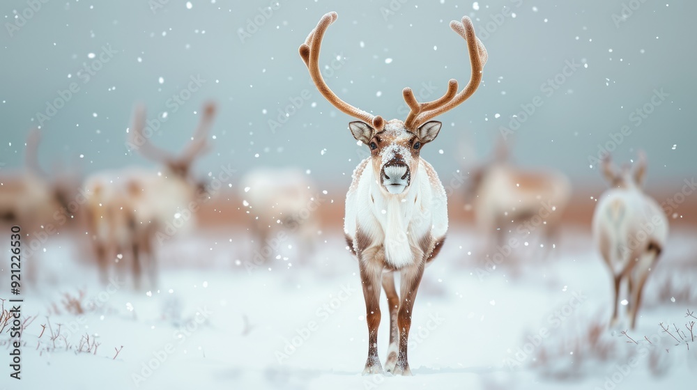 A herd of reindeer grazing in a snowy tundra, showcasing the resilience of wildlife in challenging winter conditions.