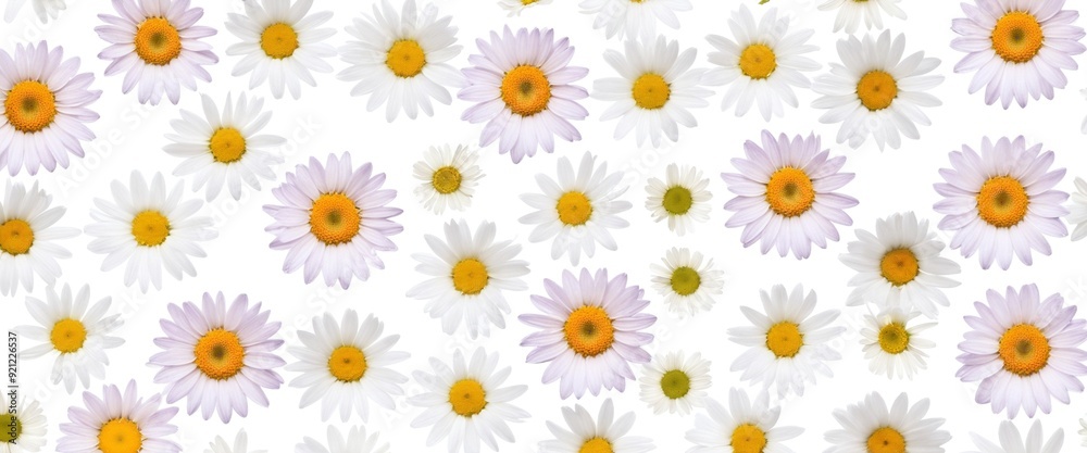 Chamomile flowers collection on white. Set of colorful Chamomile or Daisy flowers background, top view. Floral pattern. Chamomile flowers collection on white. Set of colorful Chamomile or Daisy flowers background, top view. Floral pattern.
