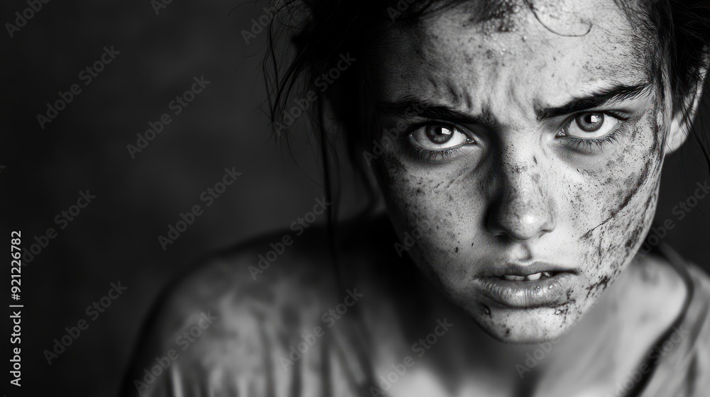 Fototapeta premium A woman with a dirty face and a serious expression