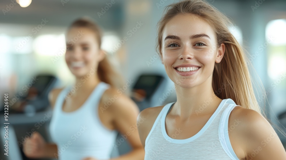 Fototapeta premium A cheerful woman with a ponytail, clad in sportswear, seen running on a treadmill at the gym while smiling enthusiastically, perhaps enjoying a fulfilling workout.