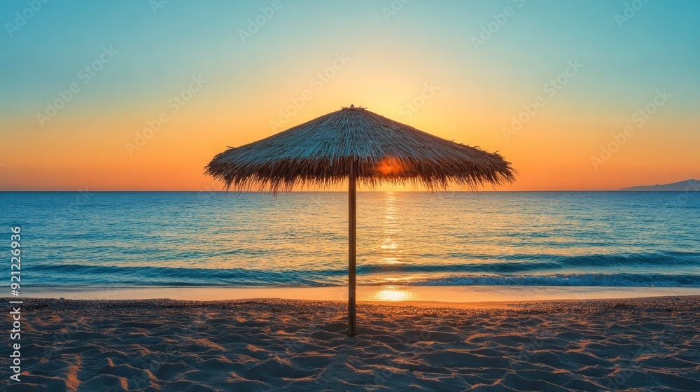 A beach umbrella is sitting on the sand next to the ocean A beach umbrella is sitting on the sand next to the ocean