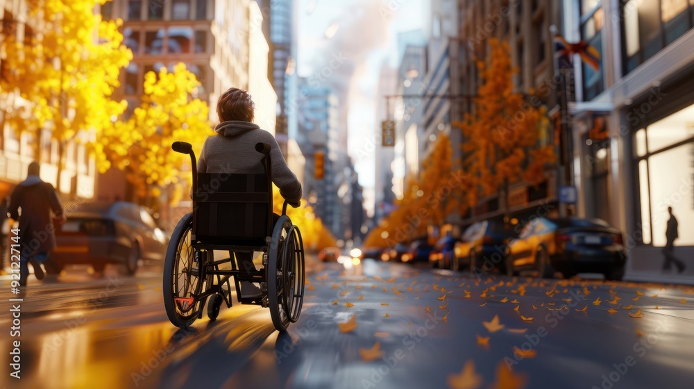 Obraz premium A person in a wheelchair navigating a city street, Accessibility and Inclusion in Everyday Life concept.