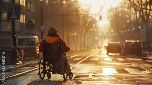 A person in a wheelchair crossing the road. photo