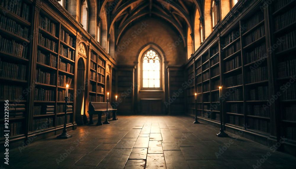an old, wooden library with bookshelves on either side and a window at the end. The room has a cathedral-like ceiling and is filled with sunlight. There are several flickering candles an old, wooden library with bookshelves on either side and a window at the end. The room has a cathedral-like ceiling and is filled with sunlight. There are several flickering candles