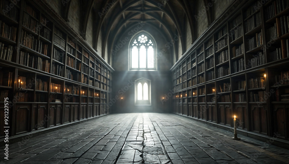 an old, wooden library with bookshelves on either side and a window at the end. The room has a cathedral-like ceiling and is filled with sunlight. There are several flickering candles an old, wooden library with bookshelves on either side and a window at the end. The room has a cathedral-like ceiling and is filled with sunlight. There are several flickering candles
