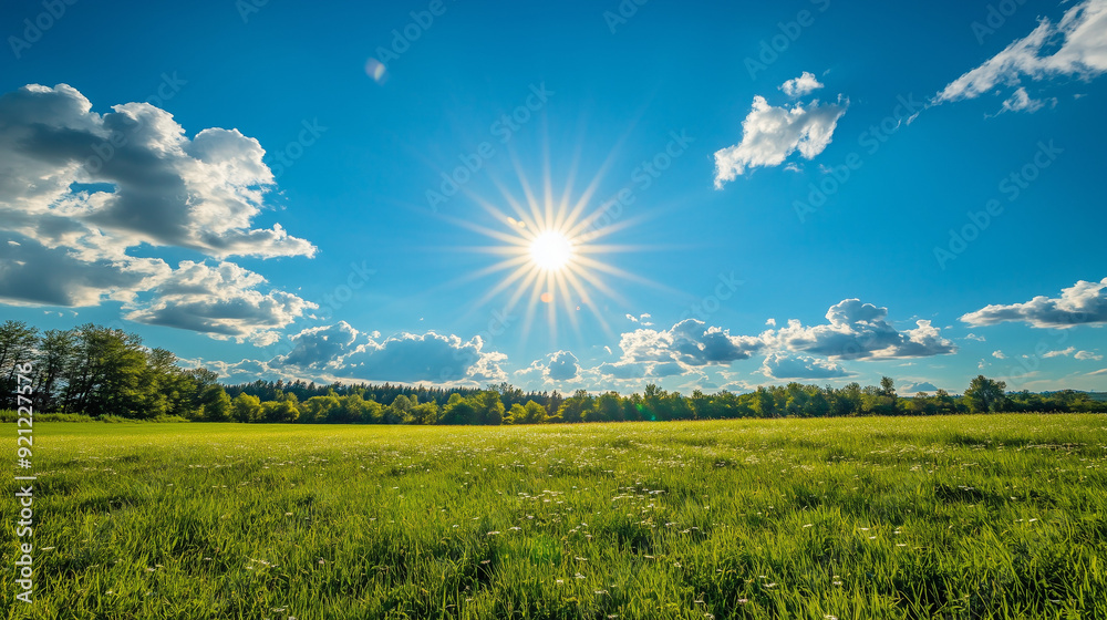 Obraz premium A green field bathed in bright sunlight. The sun, shining through light clouds, adds brightness and warmth to the entire scene.
