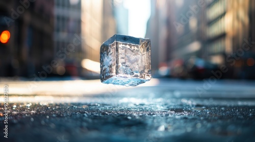 A single ice cube floating in mid air above a bustling city street, casting a surreal shadow on the ground below. photo