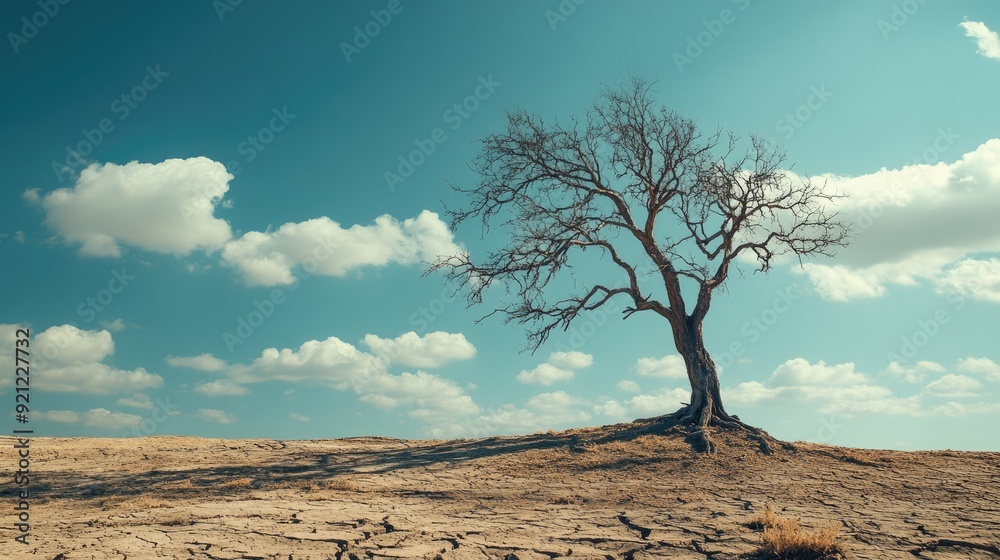 Obraz premium A drought-stricken landscape with a withered tree, leaving plenty of space for text in the barren scene.