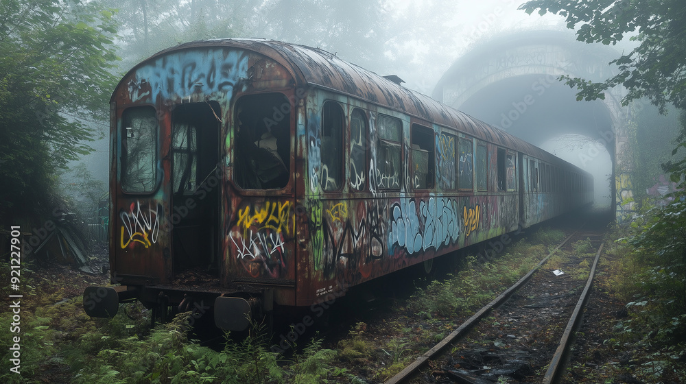 Obraz premium A dilapidated wagon, covered in colorful graffiti, stands alone on rusty tracks in a forgotten place. The surroundings are misty and wild, with lush vegetation obscuring the ruined tracks.