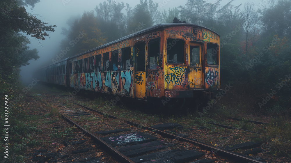 Fototapeta premium A dilapidated wagon, covered in colorful graffiti, stands alone on rusty tracks in a forgotten place. The surroundings are misty and wild, with lush vegetation obscuring the ruined tracks.