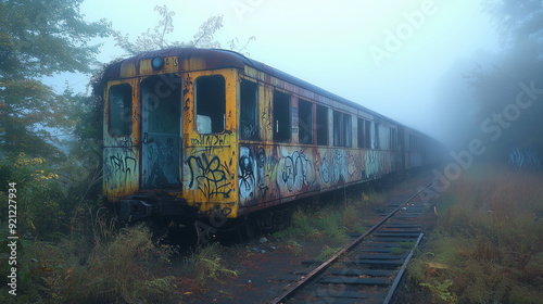 A dilapidated wagon, covered in colorful graffiti, stands alone on rusty tracks in a forgotten place. The surroundings are misty and wild, with lush vegetation obscuring the ruined tracks.