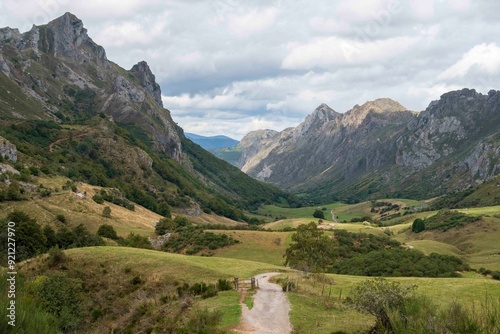 Valley between mountains with green fields in Somiedo