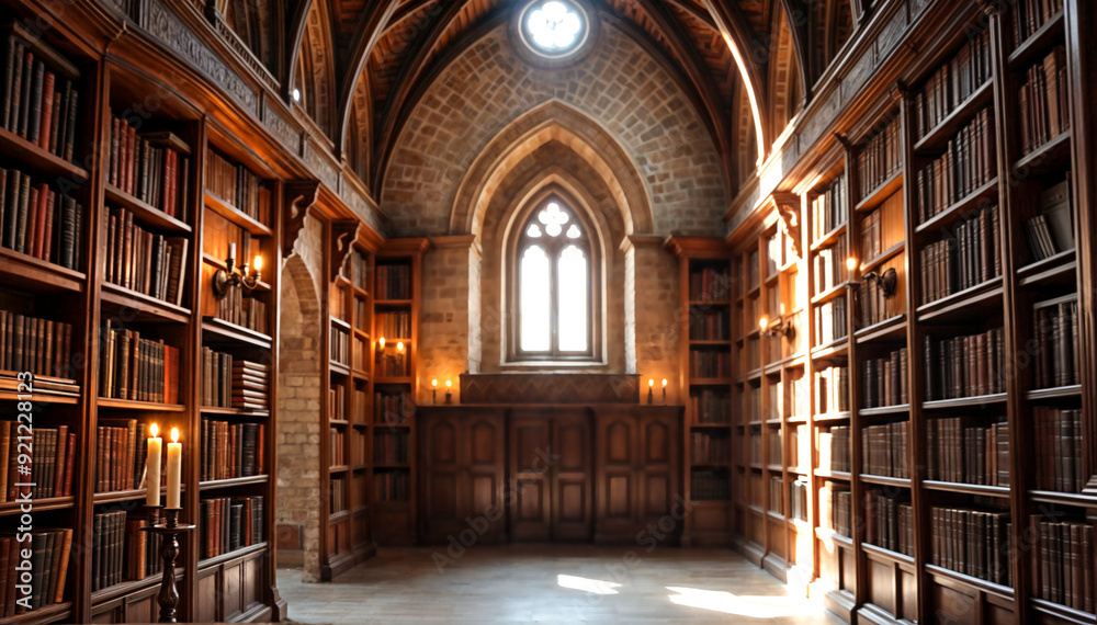 an old, wooden library with bookshelves on either side and a window at the end. The room has a cathedral-like ceiling and is filled with sunlight. There are several flickering candles an old, wooden library with bookshelves on either side and a window at the end. The room has a cathedral-like ceiling and is filled with sunlight. There are several flickering candles