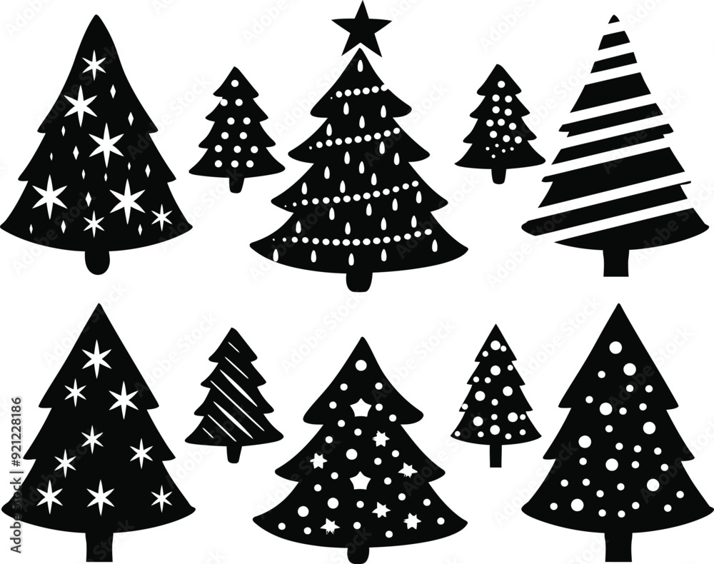 Obraz premium Minimalist Christmas tree silhouettes, set of 10 decorative holiday pine tree icons, black vector fir tree illustrations for winter seasonal design
