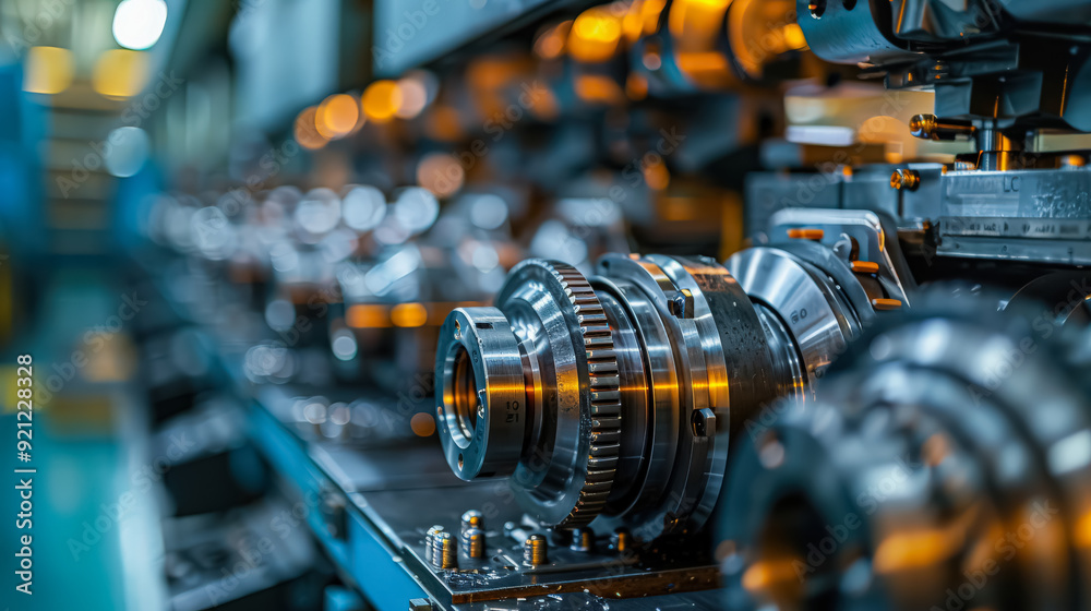 A factory with a conveyor belt carrying orange and blue parts. Perfect for illustrating manufacturing processes, assembly lines, and industrial operations.