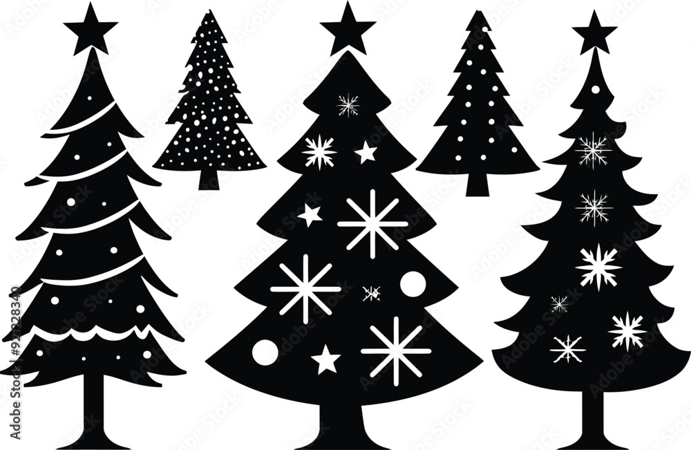 Fototapeta premium Minimalist Christmas tree silhouettes with stars and snowflakes, black and white holiday vector set, 5 decorative evergreen tree icons for winter design
