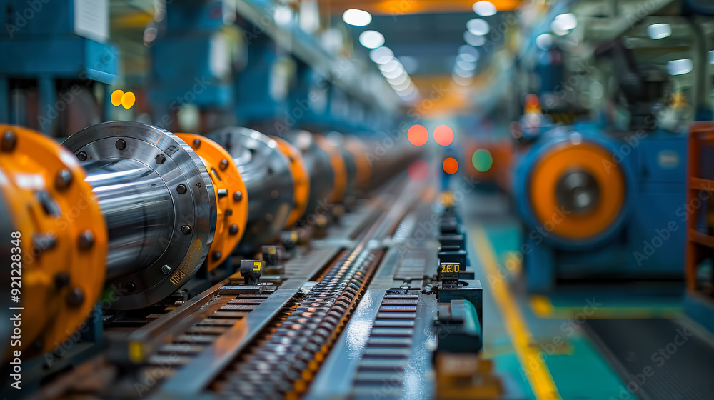 A factory with a conveyor belt carrying orange and blue parts. Perfect for illustrating manufacturing processes, assembly lines, and industrial operations. A factory with a conveyor belt carrying orange and blue parts. Perfect for illustrating manufacturing processes, assembly lines, and industrial operations.