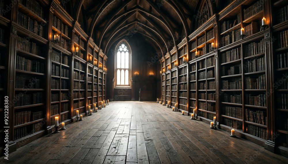 an old, wooden library with bookshelves on either side and a window at the end. The room has a cathedral-like ceiling and is filled with sunlight. There are several flickering candles an old, wooden library with bookshelves on either side and a window at the end. The room has a cathedral-like ceiling and is filled with sunlight. There are several flickering candles