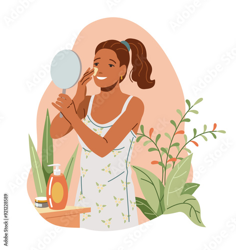 Mixed race woman applying cream on facial skin flat color vector illustration. Smiling lady beauty routine concept icon on white background