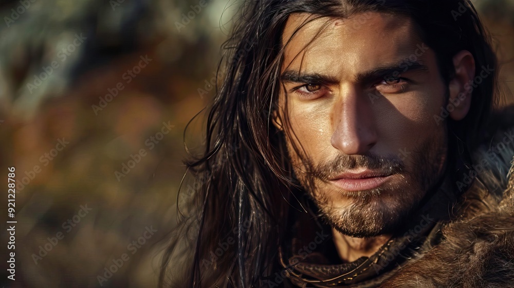 A captivating portrait of a man with long hair and rugged features, set against a natural backdrop. A captivating portrait of a man with long hair and rugged features, set against a natural backdrop.