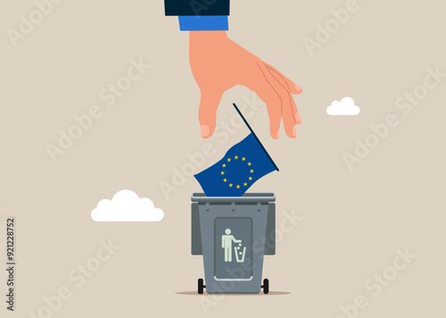 Businessman throw flag EU the waste basket. European Union economy collapse. Symbol of crisis, recession, downfall and stock market crash. Modern vector illustration in flat style. 