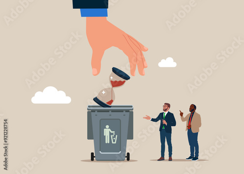 Businessman throw hourglass or sandglass the waste basket. Project deadline, running out of time or time management. Modern vector illustration in flat style. 