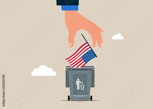 Businessman throw flag USA the waste basket. United States economy collapse. Symbol of crisis, recession, downfall and stock market crash. Modern vector illustration in flat style. 