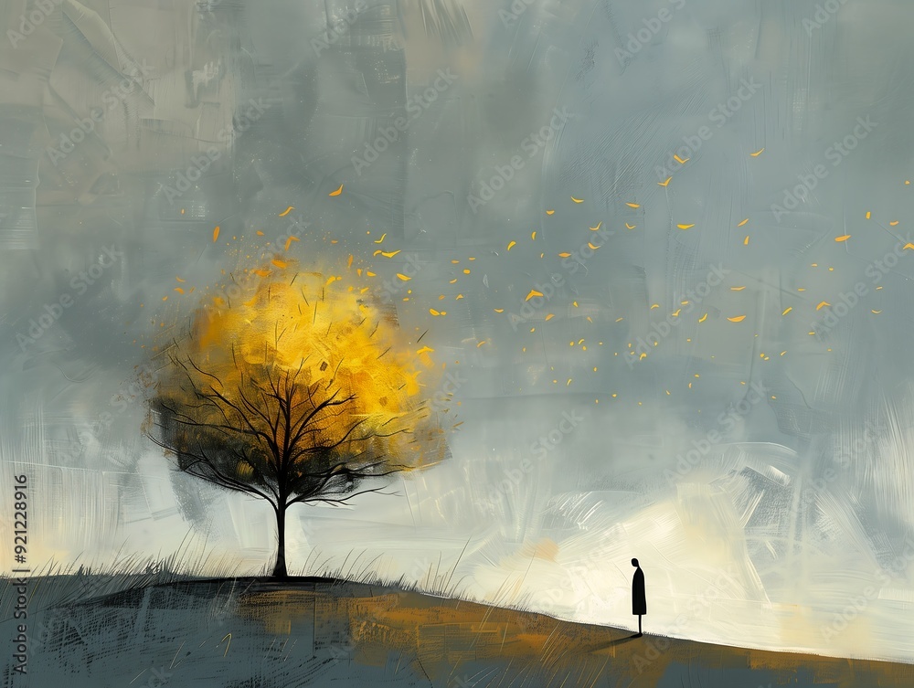 Fototapeta premium person standing under tree yellow emotional appearing background embers adrift air portrait cover alone sky grey wanderer longing