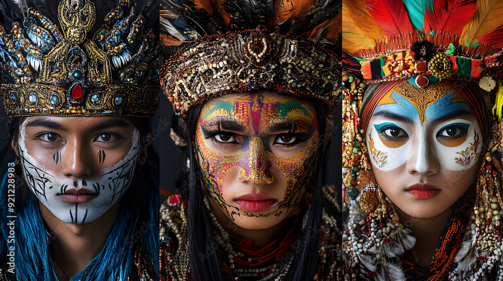 A series of close-up portraits of traditional dancers in full costume, with vibrant colors and intricate details highlighting their cultural heritage.
A series of close-up portraits of traditional dancers in full costume, with vibrant colors and intricate details highlighting their cultural heritage.