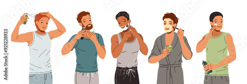 Diverse young men grooming routine flat color vector icon set. Masculinity pampering. Guys taking care of skin and hair illustration pack on white