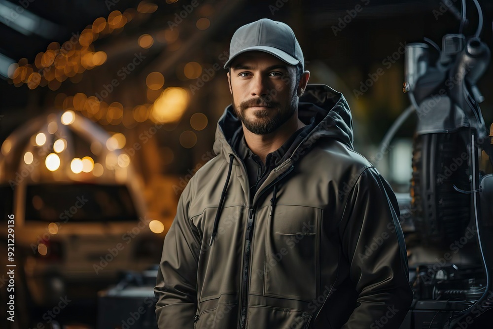 A confident man in a winter jacket and cap stands in a dimly lit setting, showcasing a rugged and adventurous lifestyle. A confident man in a winter jacket and cap stands in a dimly lit setting, showcasing a rugged and adventurous lifestyle.