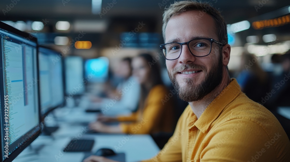A male programmer wearing glasses and a casual outfit is smiling and working on his computer in a modern office environment, without interruption or disturbance. A male programmer wearing glasses and a casual outfit is smiling and working on his computer in a modern office environment, without interruption or disturbance.