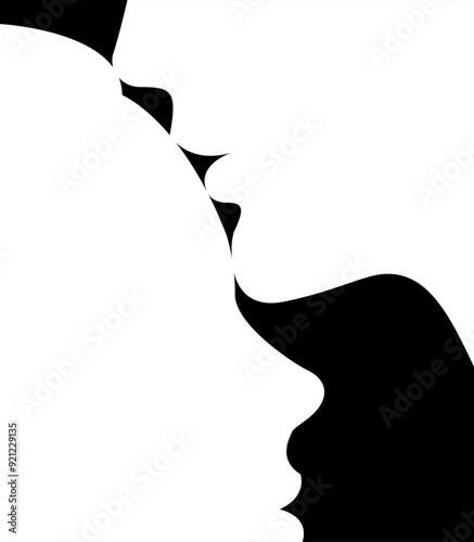 vector minimalistic elegant black and white illustration of silhouette of two people in love isolated on black background. man tenderly kissing woman on forehead. useful for Valentine's day cards, pri