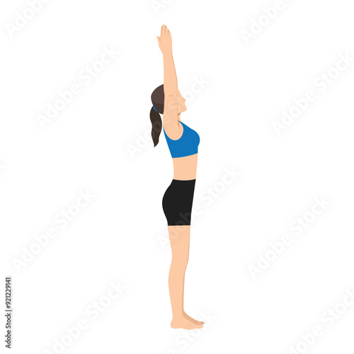 Woman doing Volcano Pose, Upward Hand Pose, Upward Salute Pose or Tadasana Urdhva Hastasana. Flat vector illustration isolated on white background