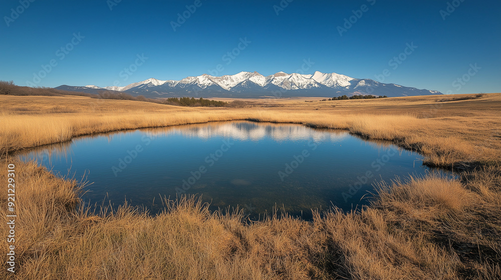 In the heart of the dry grasslands lies a quiet and clear pond. In the distance, you can see snow-capped mountains, and a clear, blue sky stretches over the whole. In the heart of the dry grasslands lies a quiet and clear pond. In the distance, you can see snow-capped mountains, and a clear, blue sky stretches over the whole.