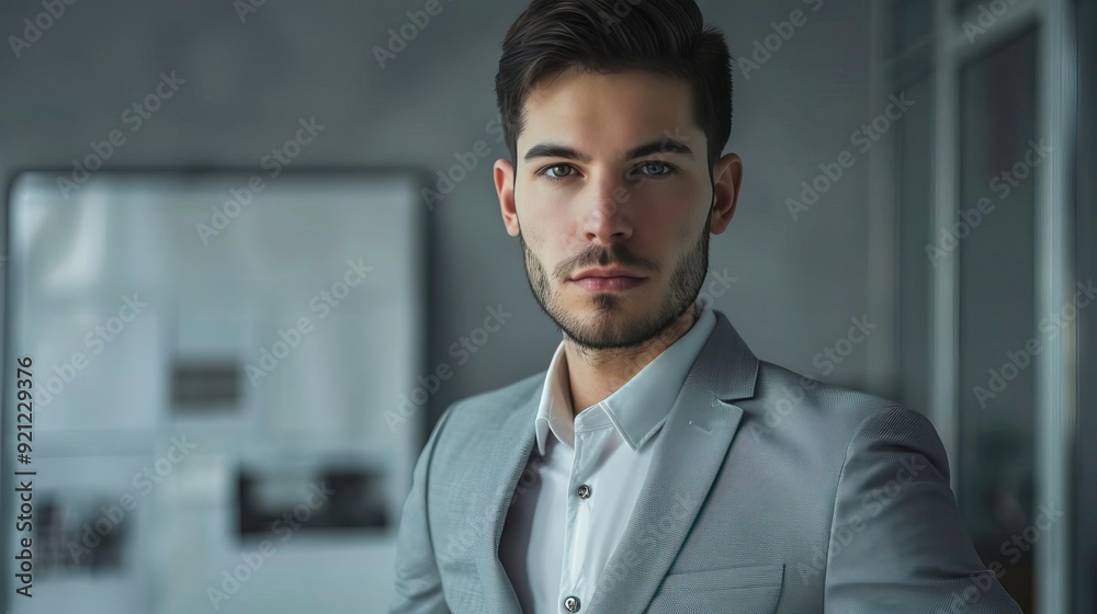 Obraz premium A confident young man in a stylish gray suit, standing against a modern office background, exuding professionalism and charm.