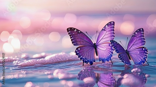 Wallpaper Mural Beautiful purple butterflies fluttering above sparkling water, creating a serene and magical atmosphere in nature. Torontodigital.ca