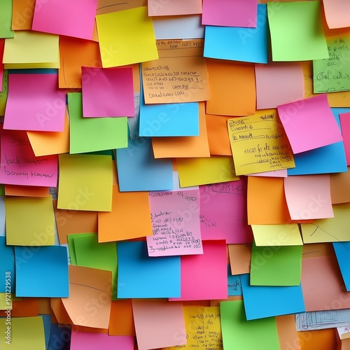 Wall covered with colorful sticky notes, perfect for brainstorming and idea mapping visuals.