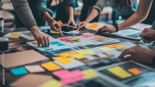 Group of people collaborating on UX research, perfect for themes of teamwork, user experience design, and collaborative project development.