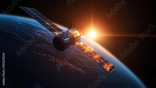Solar-powered satellite in orbit, reflecting a spectrum of sunlight against the backdrop of space, photorealistic