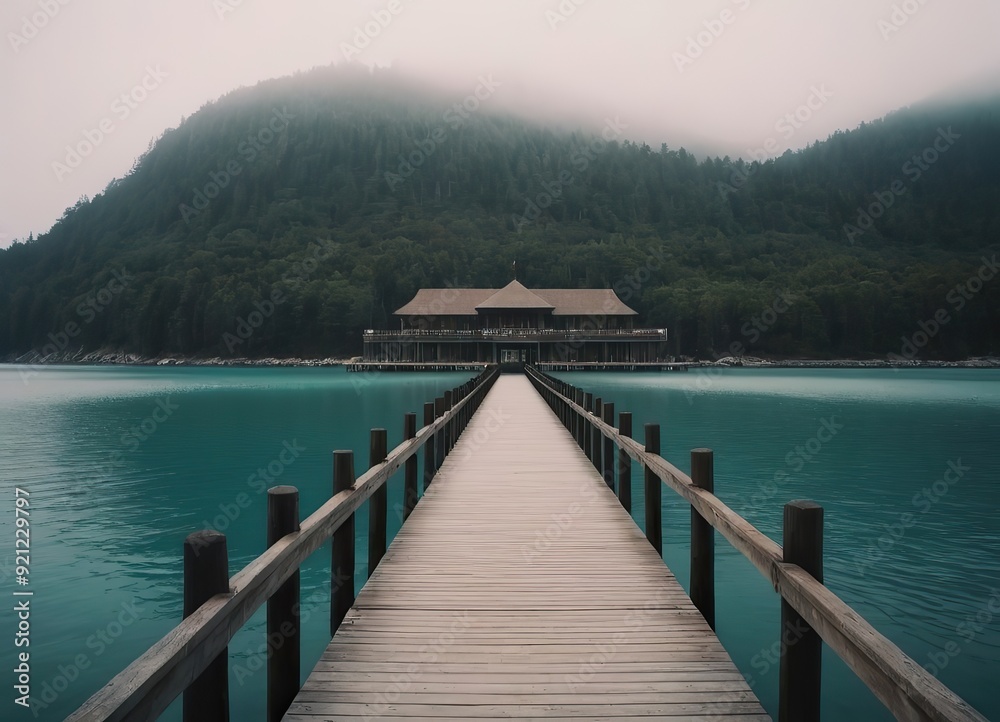 A Beautiful Serene Lake View Featuring a Wooden Pier Set Within a Misty Landscape Scene A Beautiful Serene Lake View Featuring a Wooden Pier Set Within a Misty Landscape Scene