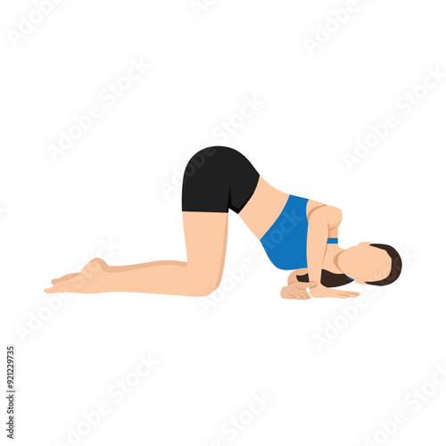 Woman doing Thread the Needle Pose, Parsva Balasana, Urdhva Mukha Pasasana yoga exercise. Flat vector illustration isolated on white background