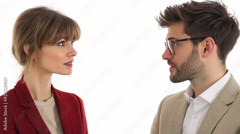 Intriguing Eye Contact: A professional woman and man lock eyes, their expressions filled with intrigue and unspoken connection. Intriguing Eye Contact: A professional woman and man lock eyes, their expressions filled with intrigue and unspoken connection.