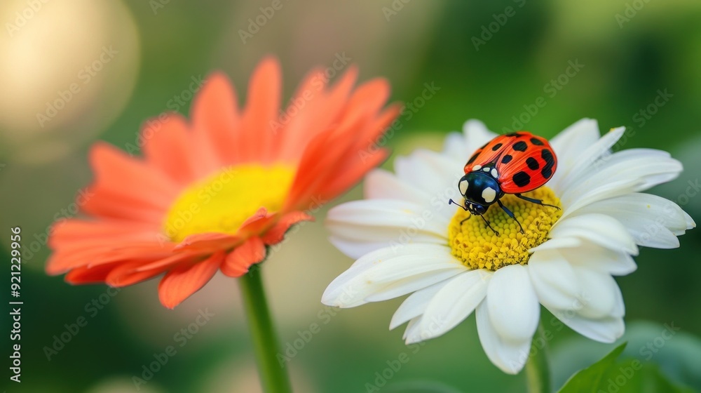 A ladybug is sitting on a white flower A ladybug is sitting on a white flower